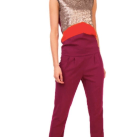 SUOLI Jumpsuit Size M Sequins Pleated Keyhole Back - Picture 2 of 7